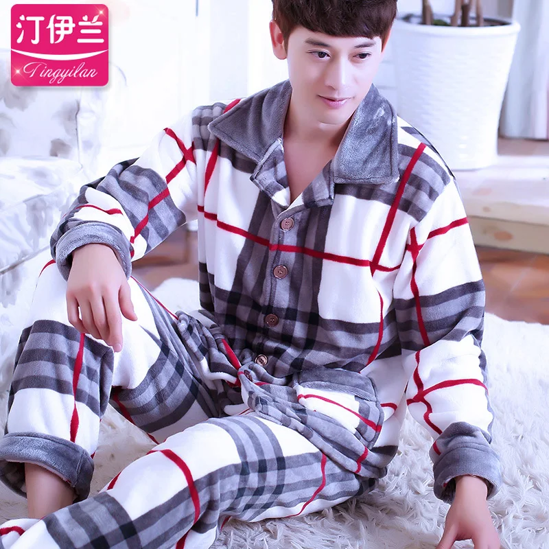 Men Pajama Sets Winter Autumn Coral Fleece Warm Men Sleepwear Suits Thick Homewear Long Sleeve Pijama Man Sleep Pyjama XXXL - Цвет: Stripe men pajama