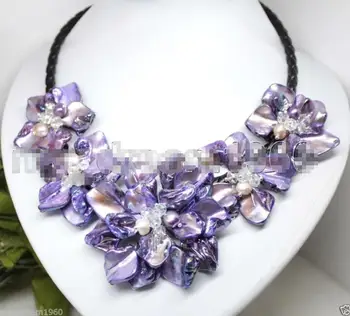 

Hot sale new Style >>>>>Natural Pearl Crystal Purple MOP Shell 5 Flowers Leather Bib Necklace 18"