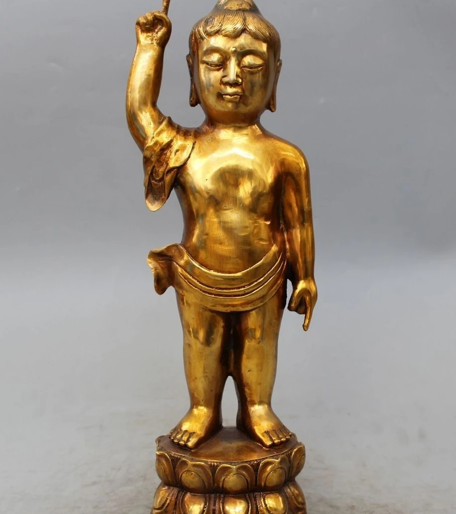 

15" Chinese Folk Bronze Gild Child Up Hand Shakyamuni Sakyamuni Buddha Statue
