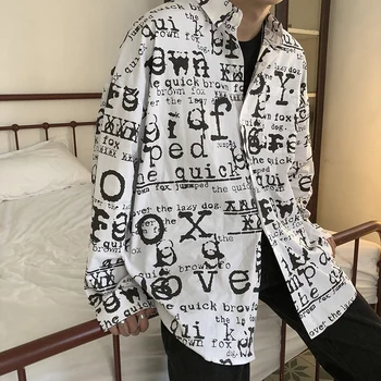 

2019 Men's Fashion Trend New Pattern Long Sleeve Letter Doodling Printing Shirt Loose White/blue Color Lapel Collar Shirt M-2XL