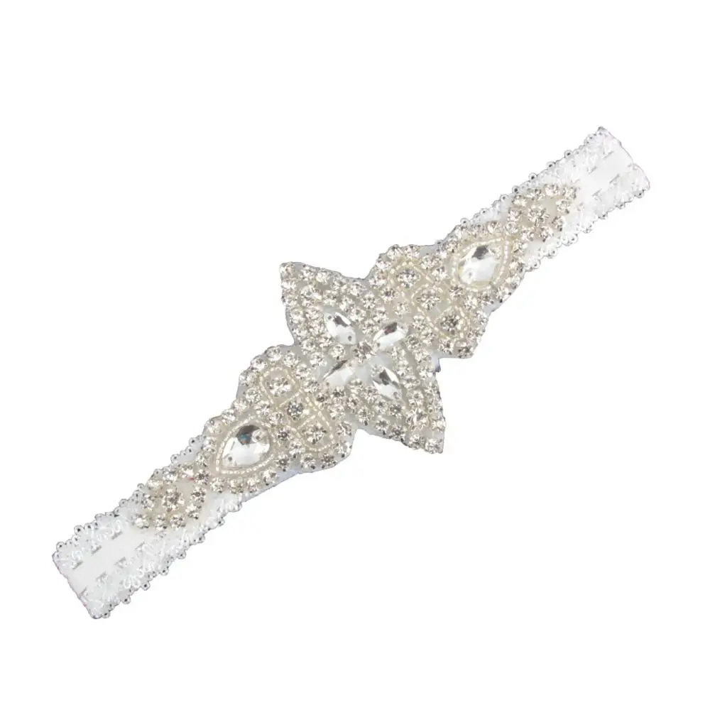 

Luxury Clear Leaf Design Rhinestones Beaded Trim Bridal Wedding Garter Sets With White Ribbon Bow Handmade