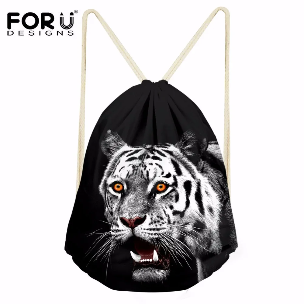 FORUDESIGNS Cool Tiger Printing Black Drawstring Bag Casual Shoes Storage Bags Boys String