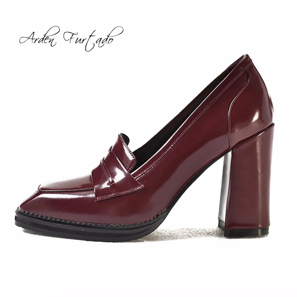 

Arden Furtado 2019 spring autumn genuine leather slip on burgundy brown office lady dress shoes high heels 10cm pumps square toe