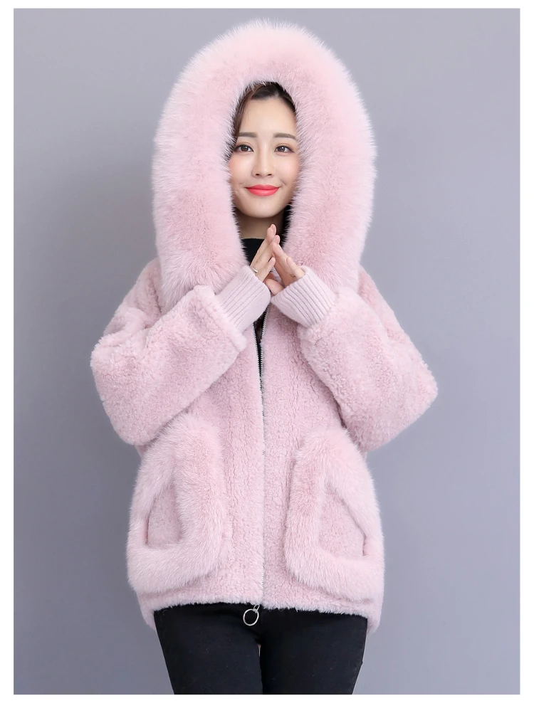 Зимнее модное короткое пальто с воротником из лисьего меха, шерстяные пальто для стрижки овец, куртки размера плюс, меховое пальто в стиле пэчворк M~ 6XL