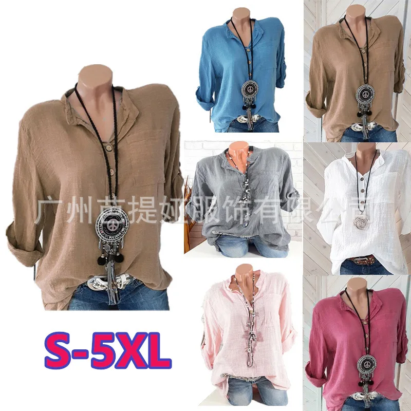 Blusas mujer de moda 2019 летние camisa V образным вырезом элегантные свободные льняные рубашки