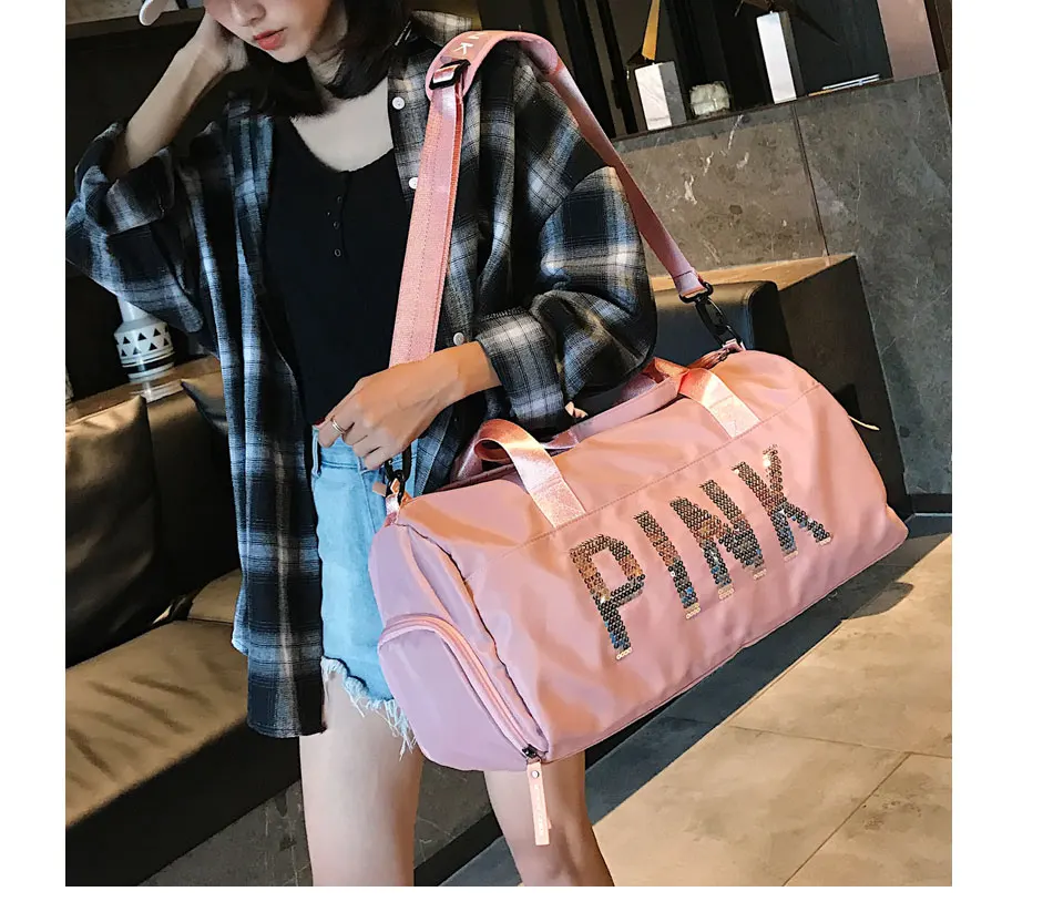 Для женщин Водонепроницаемый нейлон дорожная сумка большой Ёмкость розовый блестки сумка из искусственной кожи качество дамы выходные