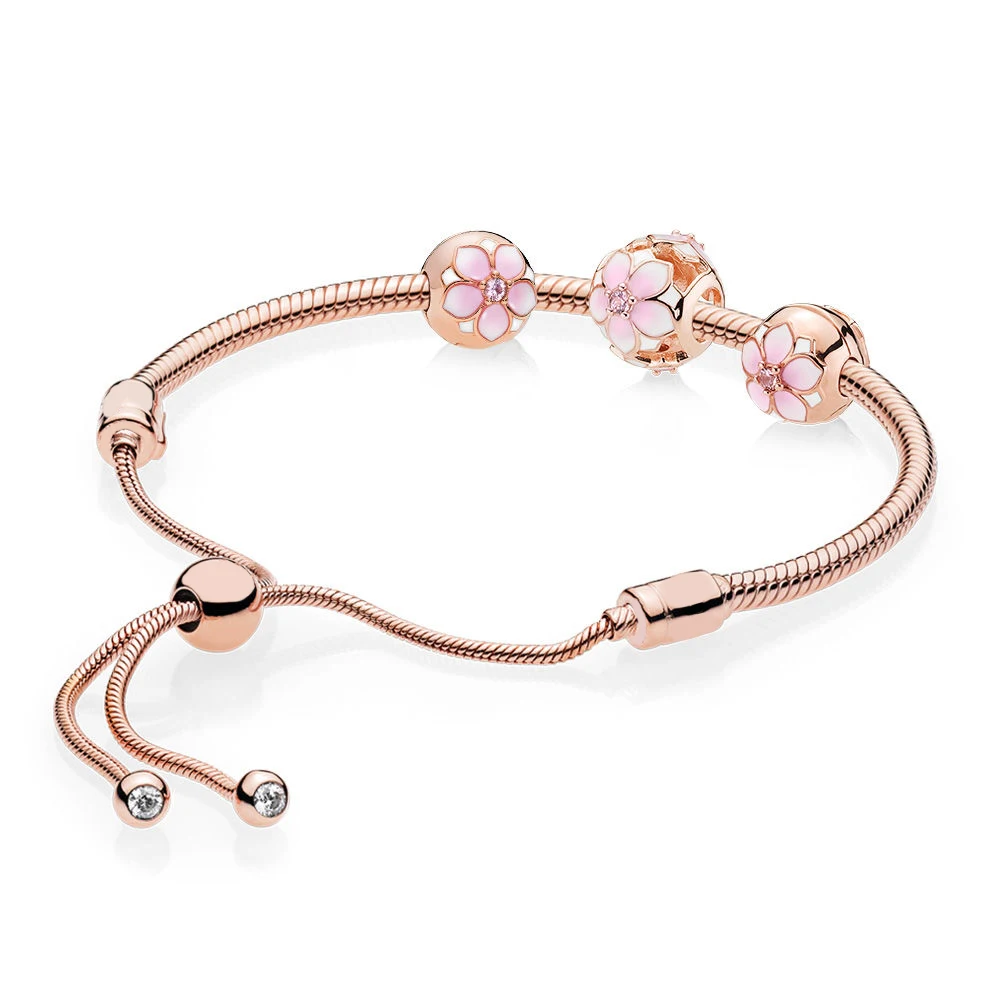 

Original 925 Sterling Silver Bangle Rose Gold Openwork Magnolia Bloom With Crystal Beads Pan Bracelet Diy Jewelry