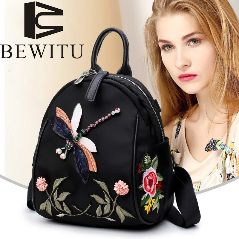 flowers embroidery backpack handmade rhinestones 3D dragonfly shoulder bag leisure retro Oxford cloth national style backpack