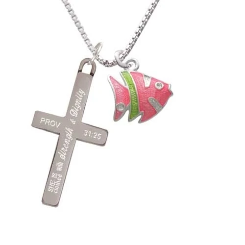 Hot Pink Tropical Fish with Lime Green Stripe - Strength and Dignity - Cross Necklace (1)