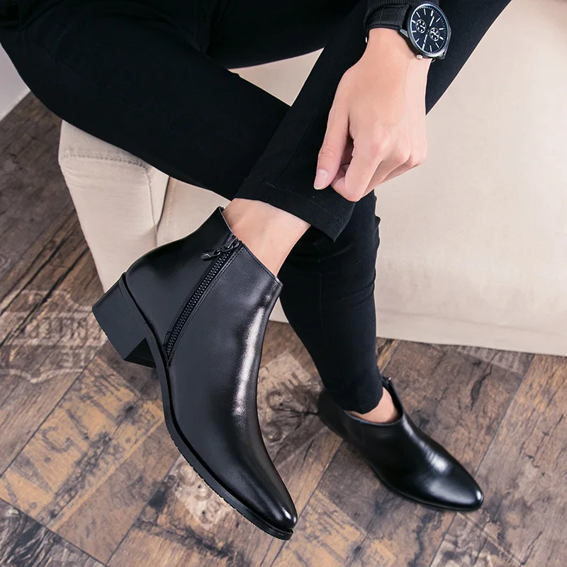 

Ankle Round Toe Zip Men Chelsea Boots Med Sewing Solid Vintage Motorcycle Boots Winter British Style Shoes
