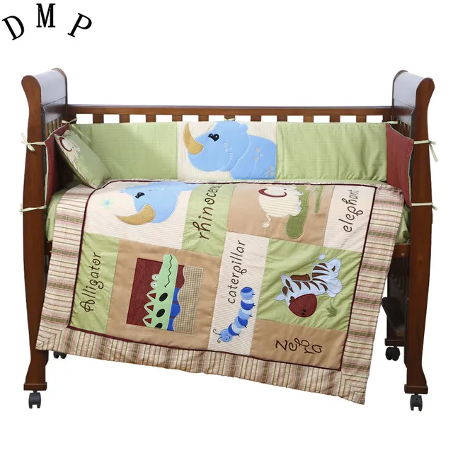 7PCS Embroidery cute Baby crib bedding set 100 cotton included flat