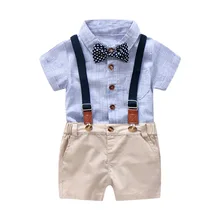 Child Boy Gentleman Garments Set Summer time Go well with For Toddler Child Formal Social gathering Bow Bodysuit Set 0-24 Month Toddler Boy Striped Clothes
