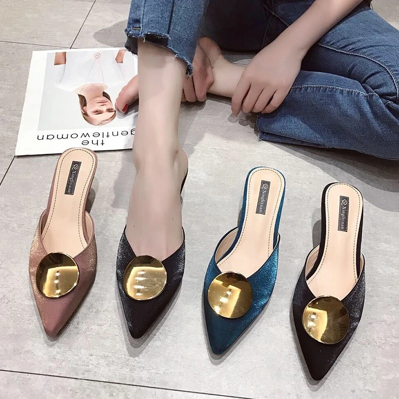 

luxury designer 2019 Spring Summer Slippers women Metal high heels pumps pointed toe dress Mules shoes non-slip Pink Blue Black