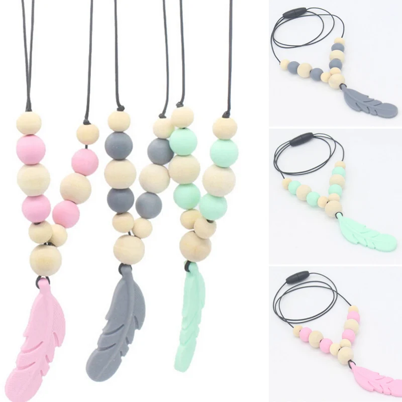 Pendant Feather Shape Teething Necklace Silicone Soother Chew Toy Baby Teether