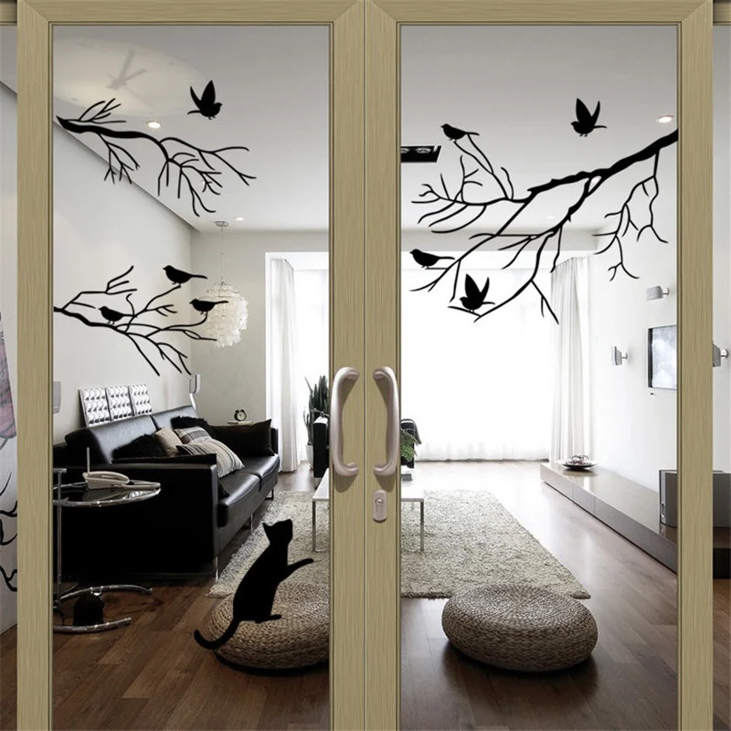 artistic tree birds cat wall sticker 1