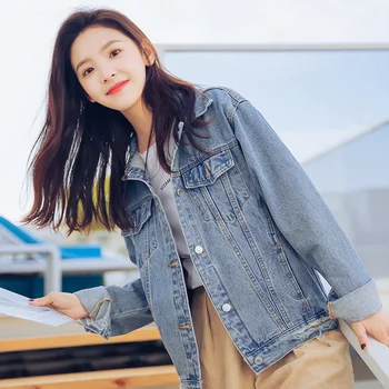 

Women Basic Coats 2019 Spring Autumn Single Breasted Denim Jacket Femme Vintage Long Sleeve Jeans Jacket Casual Loose Coat