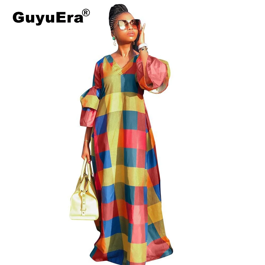 GuyuEra, африканские платья для женщин, модная распродажа, Европейская и американская мода, женская цветная клетчатая юбка с рукавами-фонариками