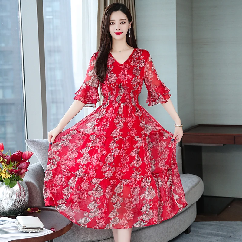 Summer Print Floral Party Red Maxi Women Beach Dress Boho Casual Long Ruffle Elegant Lady Vintage Vestido New Arrivals