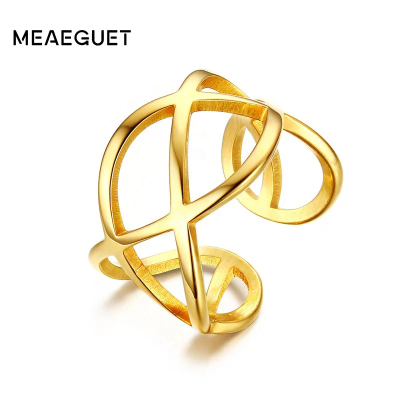 Meaeguet Women Rings Stainless Steel Hollow Cross Knot Open Cocktail Finger Rings for Woman Gold-Color Fashion Jewelry anel