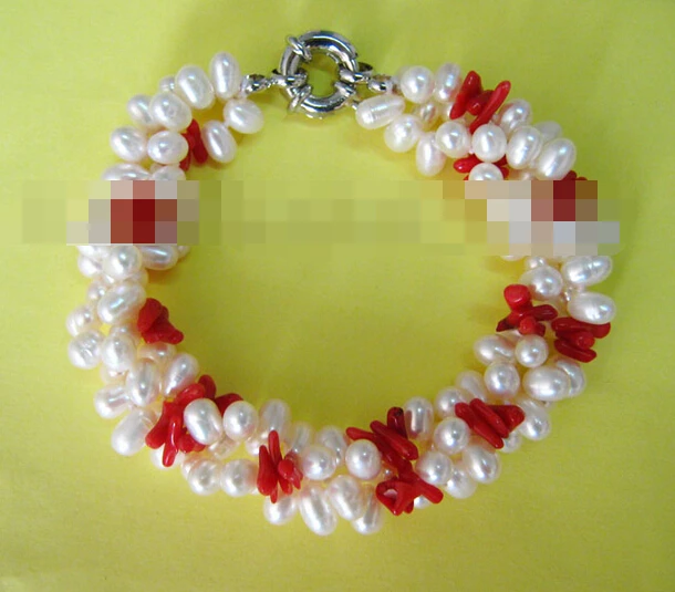 

FREE SHIPPING>>>@@ > 09721 3 strands white FW pearl&Red coral Bracelet
