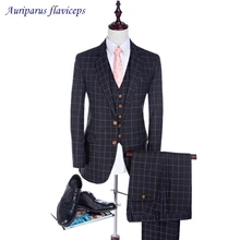 Новая Шерстяная Смесь Темно-Синие Клетчатые мужские костюмы Slim Fit Свадебный костюм для мужчин портной костюм жениха мужские смокинги(куртка+ брюки+ жилет