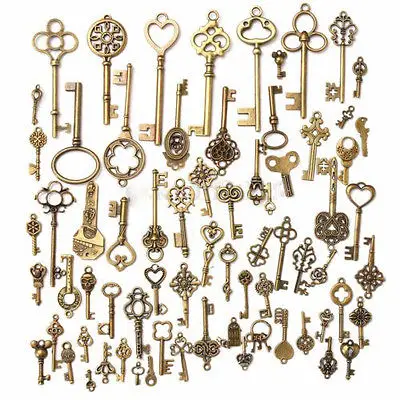 

2016 Random 70pcs/sets Antique Vintage Old Look Bronze Skeleton Keys present gift Fancy Heart Bow for party supplies decor