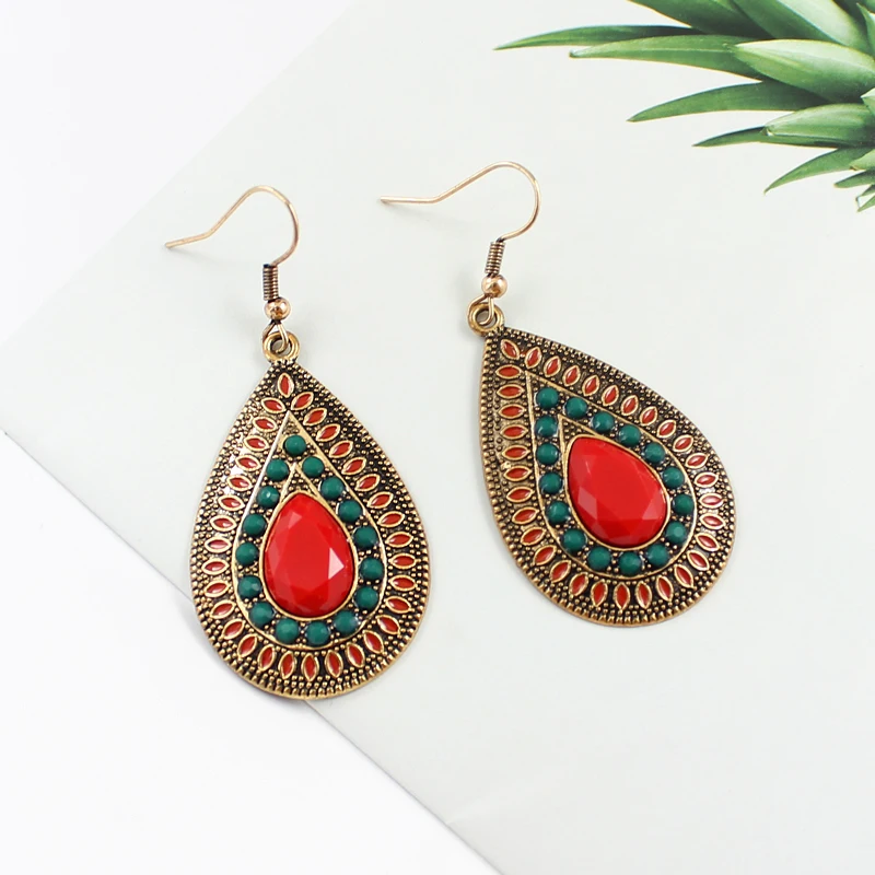 

New Fashion Red-green Rhinestone Bohemian droop Earrings Elliptical droplet shape eardrop Jewelry for Women's Wedding Party boho