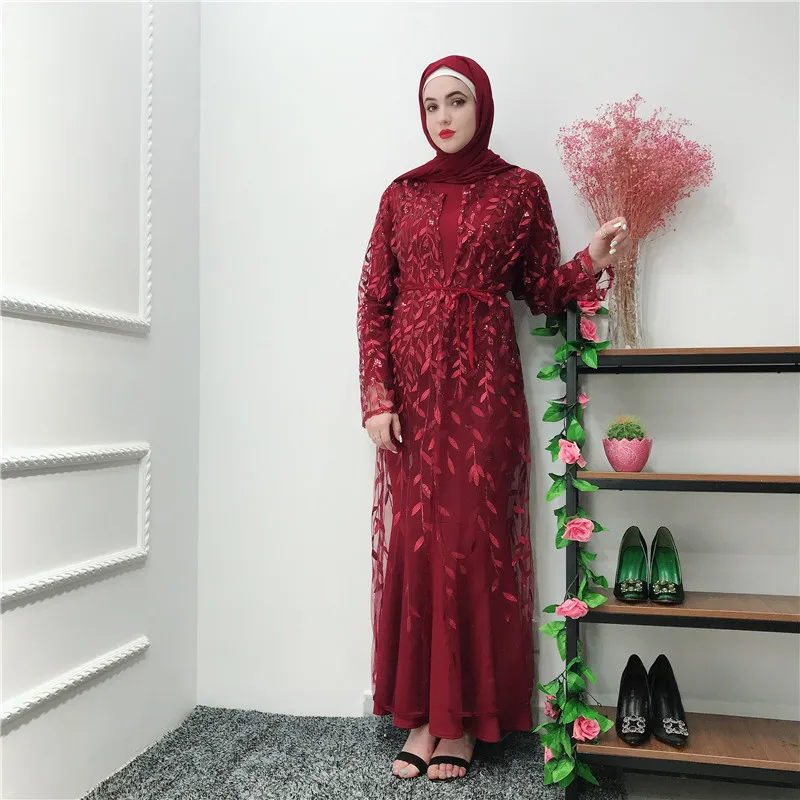 Роскошная мусульманская вышивка abaya длинные платья кардиган-кимоно открытые длинные халаты Jubah Ближний Восток Eid Рамадан исламский - Цвет: wine red