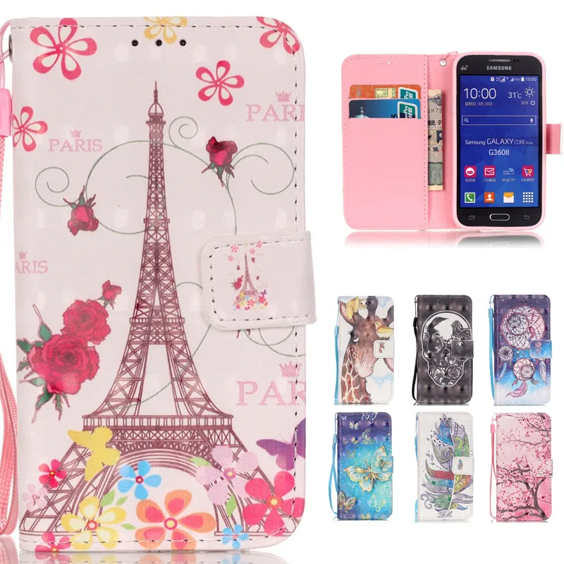 

Cute Cartoon 3D Flower Tower Leather Wallet Flip Fundas Case For Samsung Galaxy Core Prime Lte G360 G360H G360G G360F Cover Case