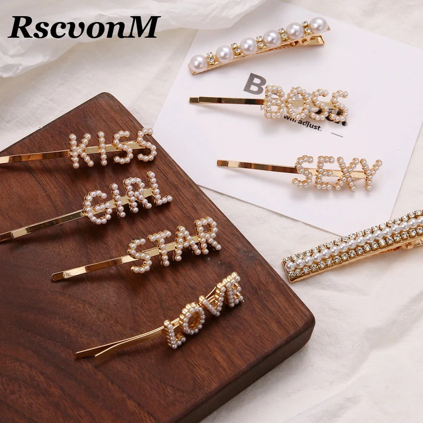 

1PC Bling Letter Hairpins Headwear for Women Girls Hair Clips Pins Barrette Tools Metal Hair Accessories Pearl Hair Clip Pin