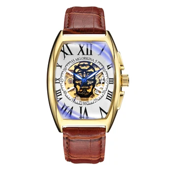 

Male Clock Colorful Glass Men Skeleton Mechanical Wristwatch Casual Leather Strap Relogio Masculino Tonneau Case Skull Watch