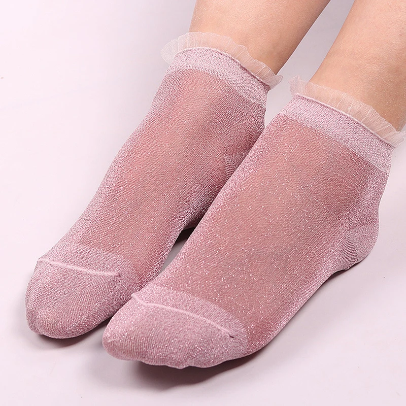 5Colors Women Lace Socks Summer Shiny Crystal Glass Silk Thin Ankles Short Sock Transparent Glitter Sox Maternity Women's Sock - Цвет: Pink