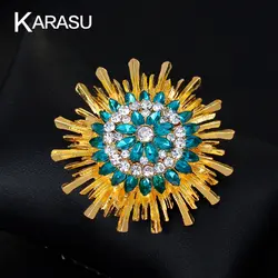 Модная винтажная Классическая Брошь для свитера с кристаллами в виде подсолнуха, голубой горный хрусталь, золотой цвет, Женская