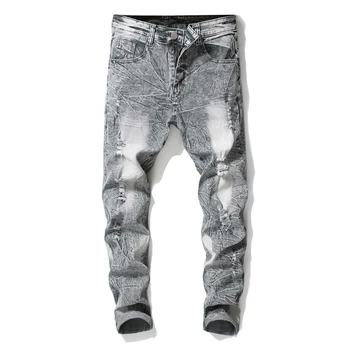 

2019 Spring Men's Painted Biker Jeans Slim Fit Ripped Denim Trousers Destroyed Pleated Jean Pants With Holes Dropshipping