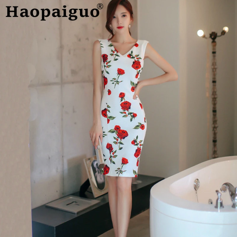 

Plus Size Print Floral Summer Dress 2019 Sleeveless Tank Sheath Flower White Dress for Ladies Corset Bodycon Wrap Midi Dress