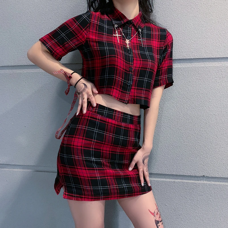 

Women's Punk Plaid Crop Top Two Pieces Summer Mini Dress Set