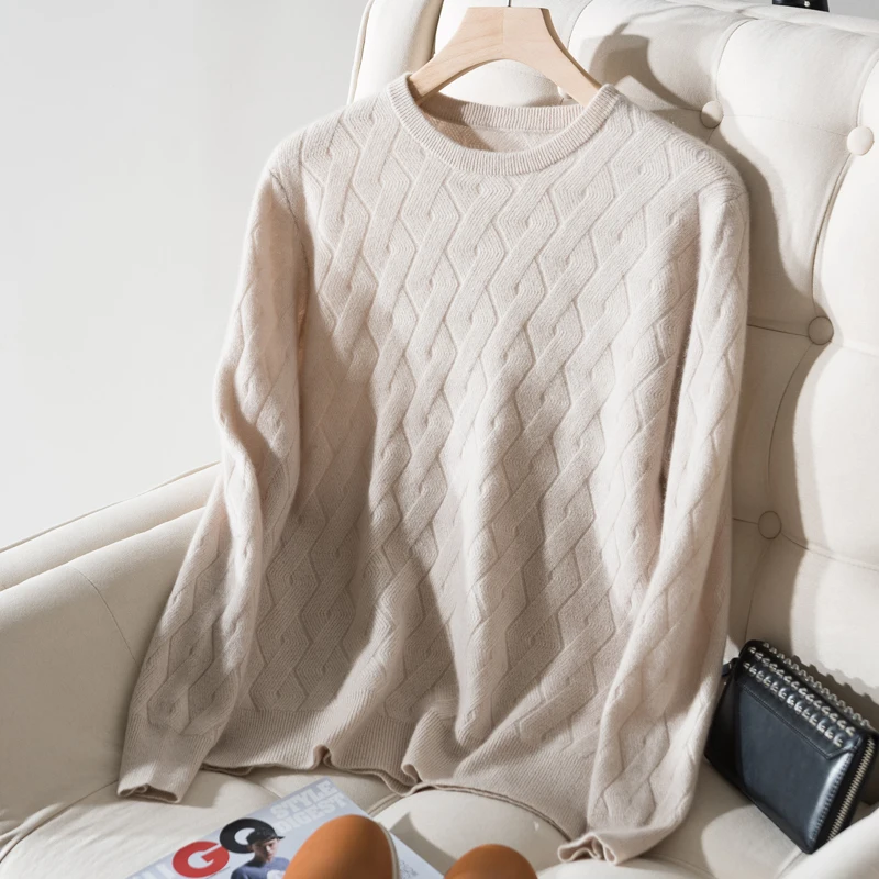 Autumn Winter Authentic Cashmere Sweater Men's 100% Casual Loose O-neck Long-sleeved Knit Pullover Man Knit Bottoming Sweater
