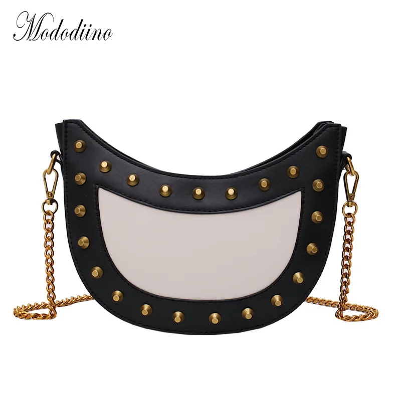 

Mododiino PU Leather Handbag Rivet Panelled Shoulder Bag Chains Crossbody Bags Luxury Handbags Women Bags Designer Totes DNV1050