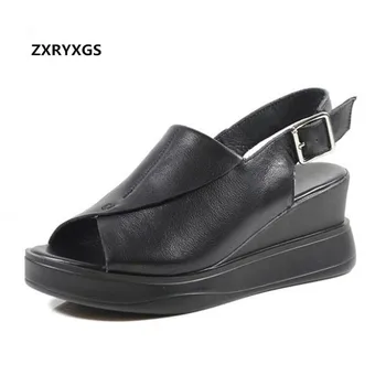 

2019 New Open Toe Full Genuine Leather Sandals Women Shoes Thick Bottom Increased Summer Wedges Sandals Fashion Casual Sandals