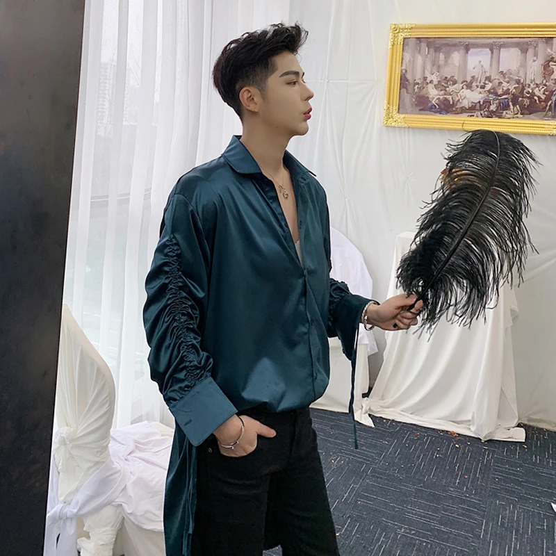

Spring autumn fashion pleated sleeve irregular design men long shirt nightclub DJ singer vintage oversize silk shirt blouse