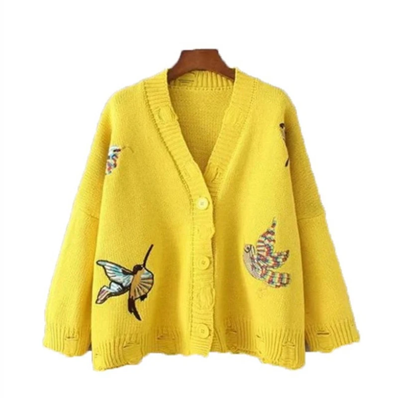 2018 New Fashion Sweater Women Cardigan Embroidery Hole Korean Solid Color Version Loose Thick Sweater Autumn Winter Female Coat