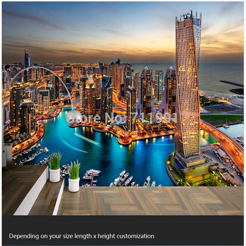 

Custom photo Textile Wallcoverin,3d mural for living roomsroom bedroom TV wall waterproof wallpaper night view of Dubai City