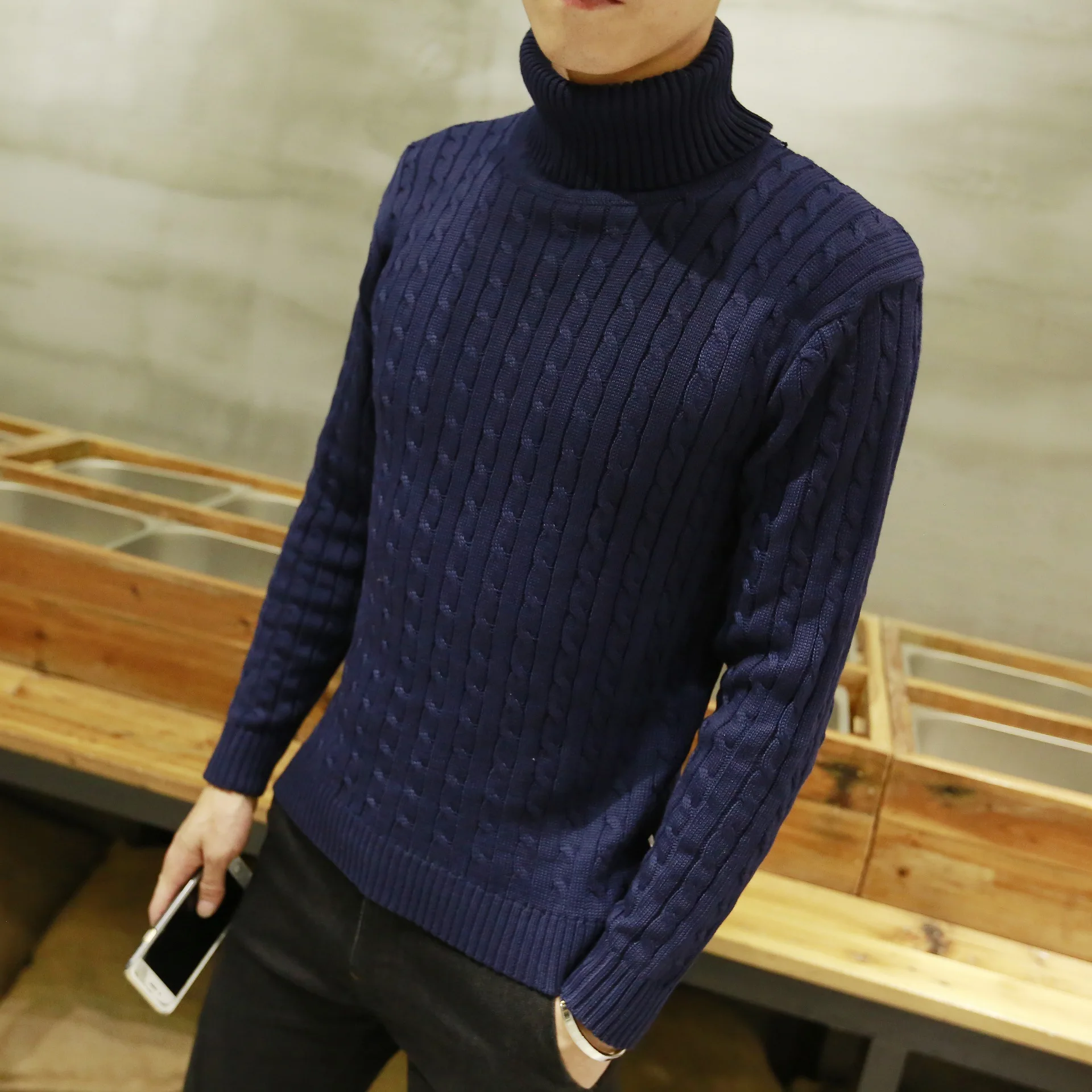 2018 New Casual Autumn Winter Men Sweater Brand Design Warm Turtleneck Striped Slim Fit Knitting
