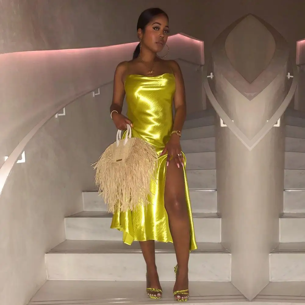 

BKLD Spaghetti Straps Dress High Waist Sexy Slit Dresses 2024 Summer Beach Sleeveless Party Solid Club Satin Dress Women Clothes