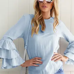 Модные женские элегантные rutterfly рукавом светло-голубой цвет блузки круглый воротник рубашки женские топы Школьная блузка для женщин;