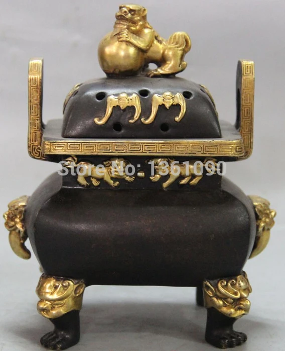 

xd 00360 7"Marked China Purple Bronze 24K Gold Door lion Bat Incense Burner Censer Statue