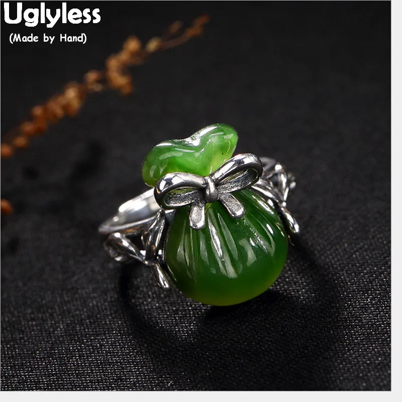 

Uglyless 100% Real 925 Sterling Silver Natural Green Jade Bag Finger Rings for Women Bow Open Ring Thai Silver Leaf Fine Jewelry