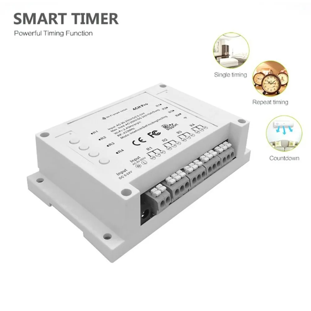 

4CH Pro 4 Gang WiFI Wireless Smart Switch 433MHZ Remote Control DIN Rail Mounted Switch With Timing Function