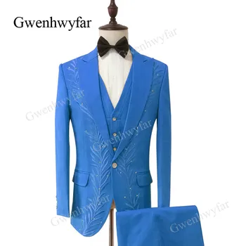 

Gwenhwyfar Mens Suits Slim 3 Pieces Stylish Design Party Suits Embroidery Costume Homme Mariage Tuxedos Blue (Jacket+Pants+Vest)