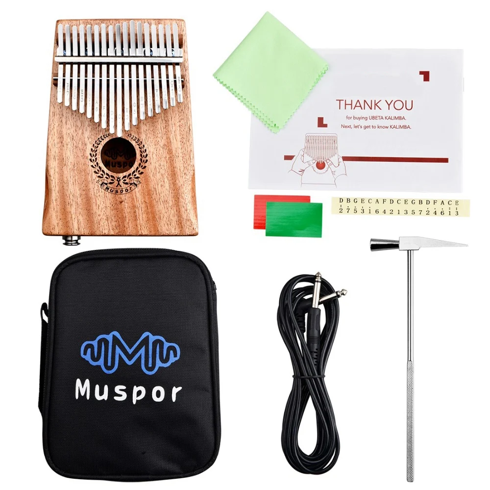 Muspor 17 Keys Mahogany Thumb Piano Speaker Electric Pickup Music Instrument With Bag + Cable